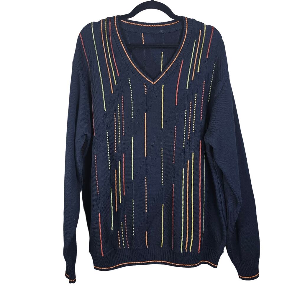 Sweater Mens Large Black Orange Yellow 3D Knit Long Sleeve Pullover Cosby VNeck